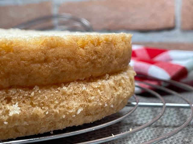 pan di spagna vegano tagliato in due strati perfetti con il filo d'acciaio
