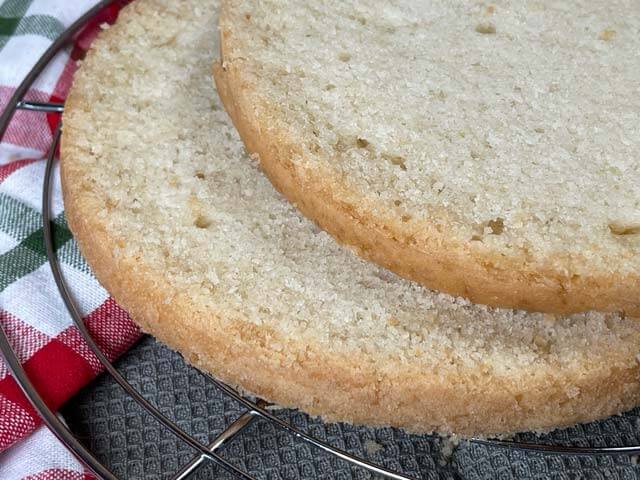 due strati di Pan di Spagna vegano perfettamete tagliati con il filo d'acciaio