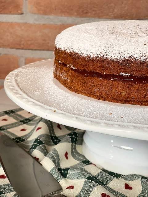 Torta con farina di grano saraceno con confettura e zucchero a velo