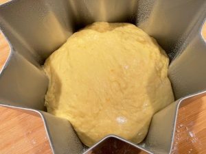 impasto del pandoro vegano nello stampo pronto per la seconda lievitazione