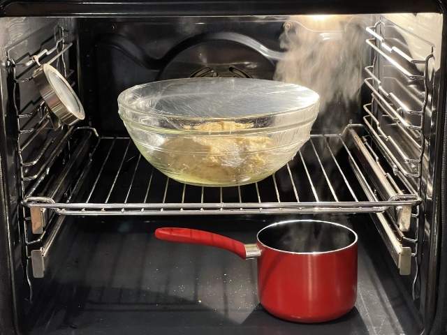 impasto della colomba senza glutine nel forno a lievitare