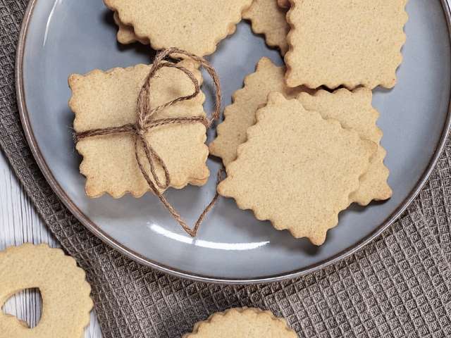 Biscotti di pasta frolla dalla forma rettangolare disposti su un piatto grigio.