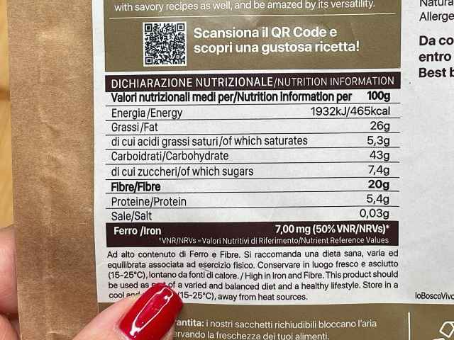 Etichetta nutrizionale della farina di chufa IoBoscoVivo con calorie, fibre e ferro.