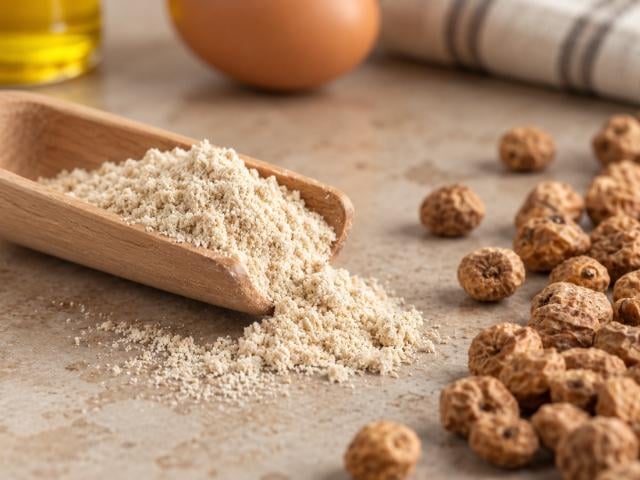 Farina di chufa in una paletta di legno con tuberi di zigolo dolce sullo sfondo.